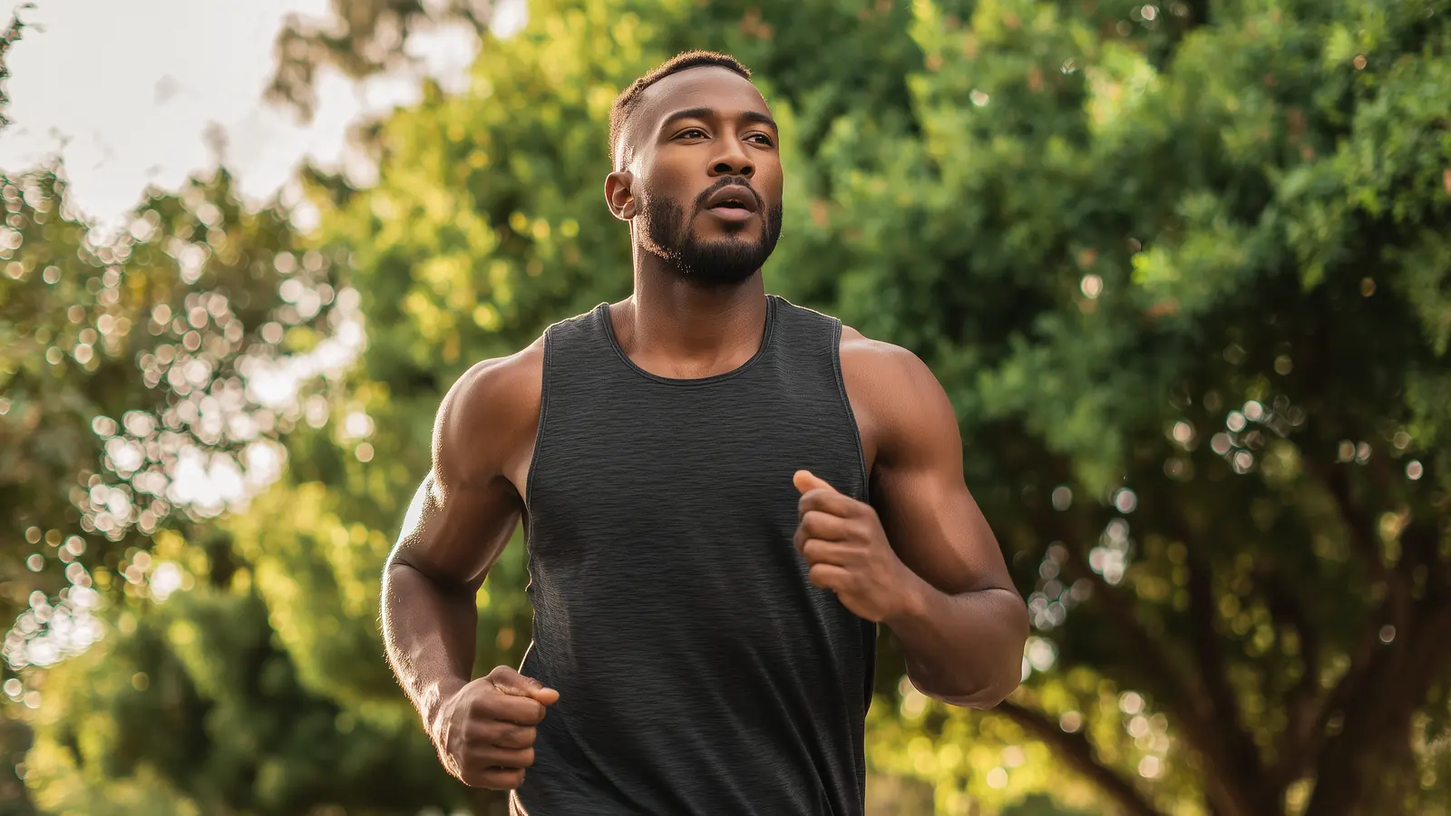 A smiling man in a running vest jogging through a sunny, leafy park