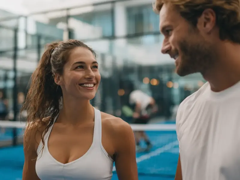 A smiling woman and man chatting courtside by the net on a blue court
