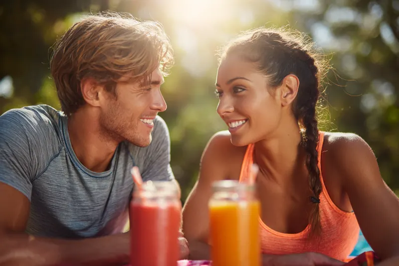 A couple laughing together outdoors over fresh fruit smoothies