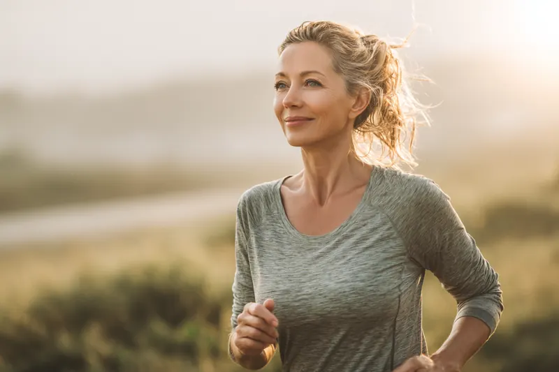 A smiling woman in her forties jogging outdoors in soft morning light