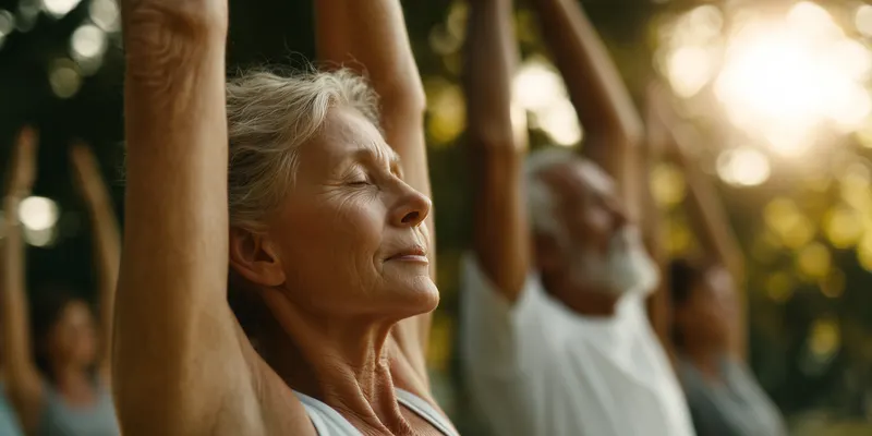 A group of older adults stretching their arms overhead during an outdoor yoga class