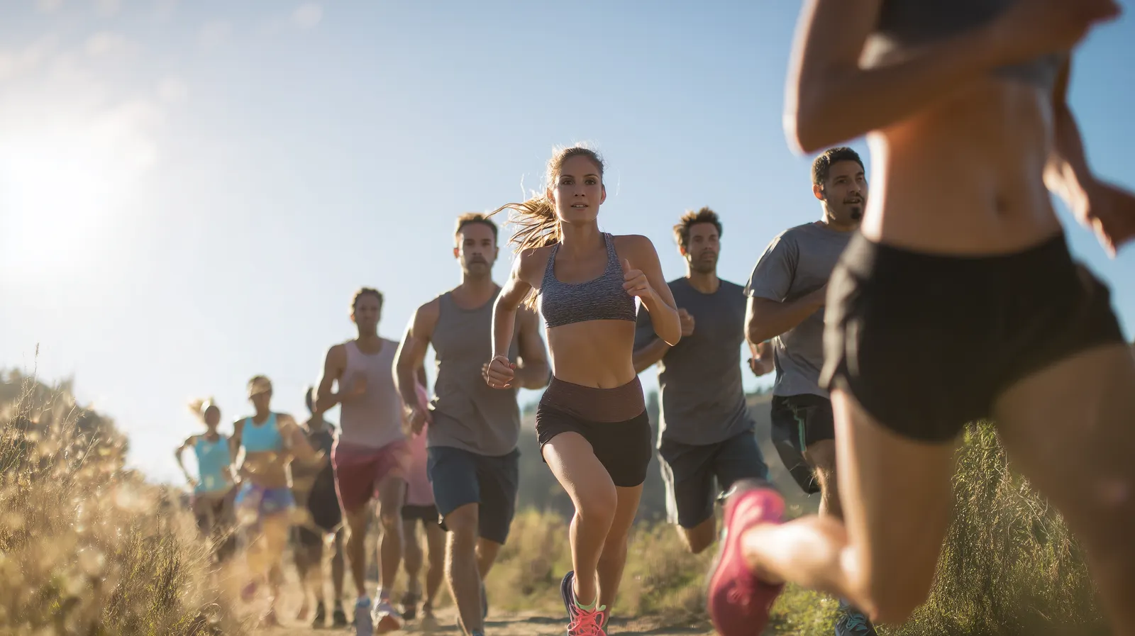 A group of men and women running together along a sunny dirt trail