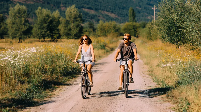 A relaxed couple riding gravel bikes side by side on a country path