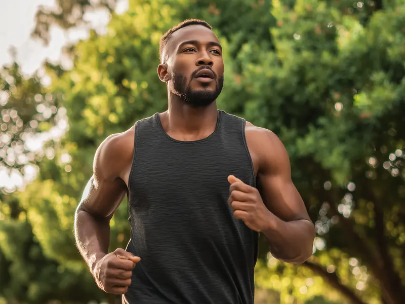 A smiling man in a running vest jogging through a sunny, leafy park