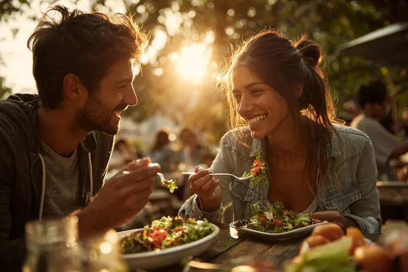 A fit couple sharing a healthy salad outdoors and laughing