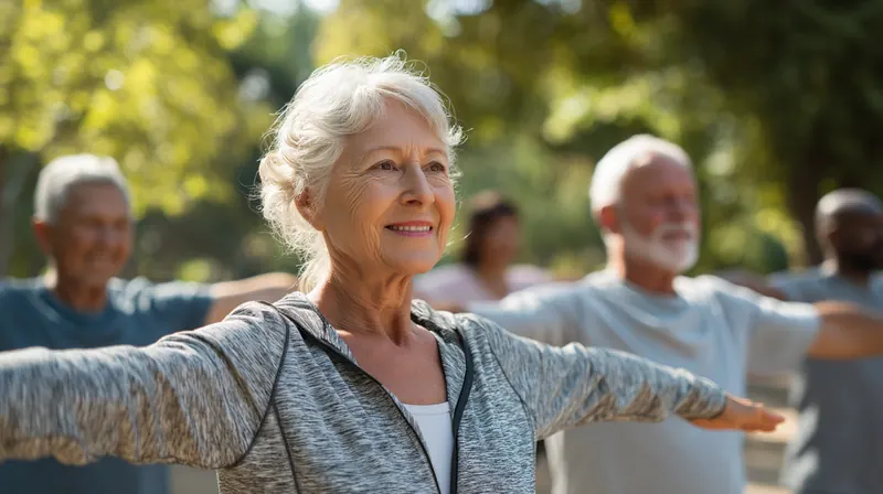 Active older adults stretching together in a sunny park