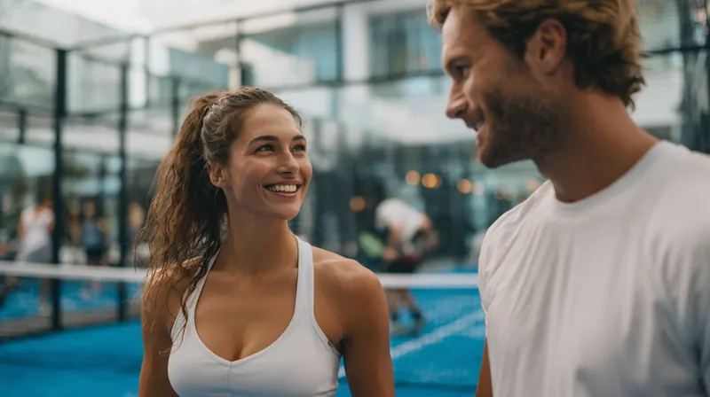 A man and woman smiling at each other on a tennis court