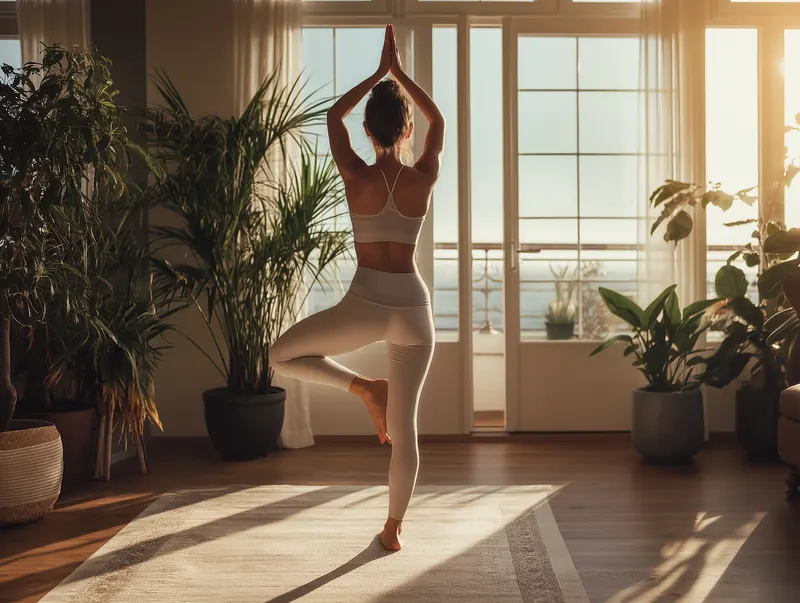 A woman holding a yoga tree pose in a bright, plant-filled room