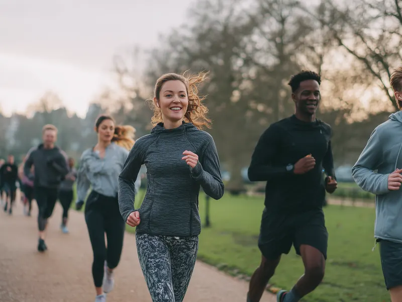 A group of men and women in their 30s and 40s running together along a busy park path